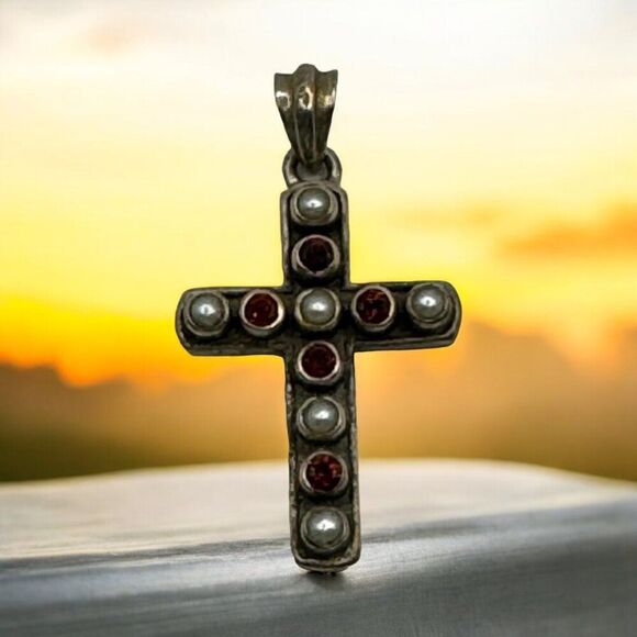 Sterling Silver Nicky Butler Cross Pendant Garnet and Pearl Made In India 1.5" - Picture 1 of 6